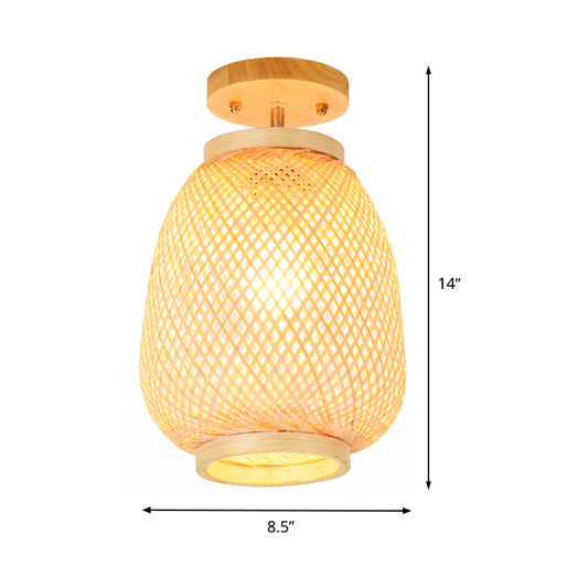 Lantern Bamboo Semi-Flush Mount Asian 1 Head Beige Ceiling Mounted Fixture for Restaurant Clearhalo 'Ceiling Lights' 'Close To Ceiling Lights' 'Close to ceiling' 'Semi-flushmount' Lighting' 384785