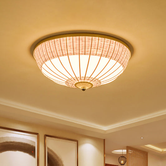 Asian 3 Heads Flush Mount Beige Hemisphere Close to Ceiling Lamp with Bamboo Shade Beige Clearhalo 'Ceiling Lights' 'Close To Ceiling Lights' 'Close to ceiling' 'Flush mount' Lighting' 384801