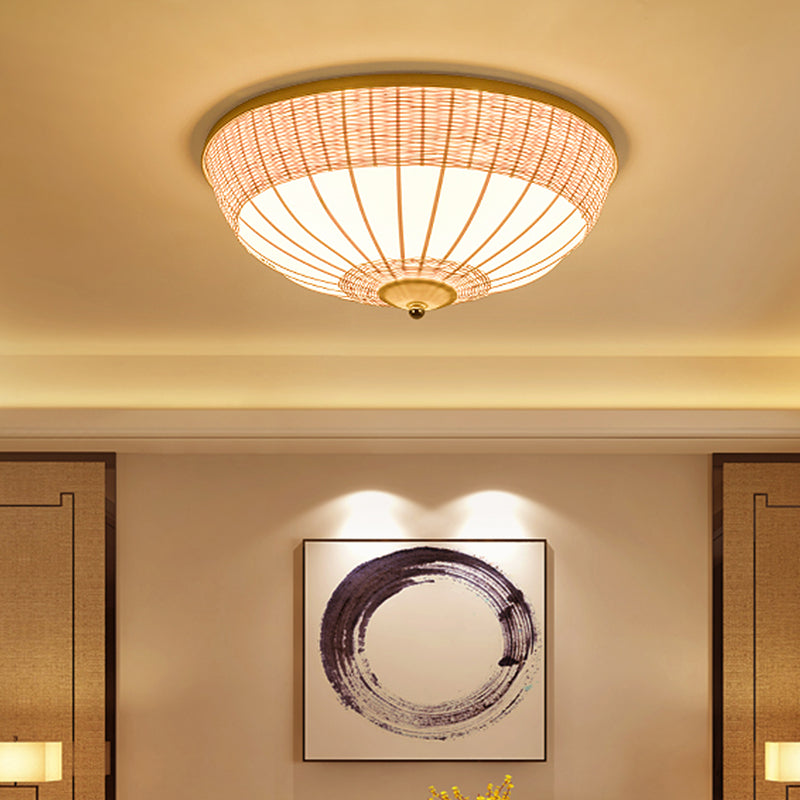 Asian 3 Heads Flush Mount Beige Hemisphere Close to Ceiling Lamp with Bamboo Shade Clearhalo 'Ceiling Lights' 'Close To Ceiling Lights' 'Close to ceiling' 'Flush mount' Lighting' 384803