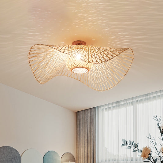 Bamboo Hand-Worked Semi-Flush Mount Japanese 2 Bulbs Close to Ceiling Lighting in Beige Beige Clearhalo 'Ceiling Lights' 'Close To Ceiling Lights' 'Close to ceiling' 'Semi-flushmount' Lighting' 384828