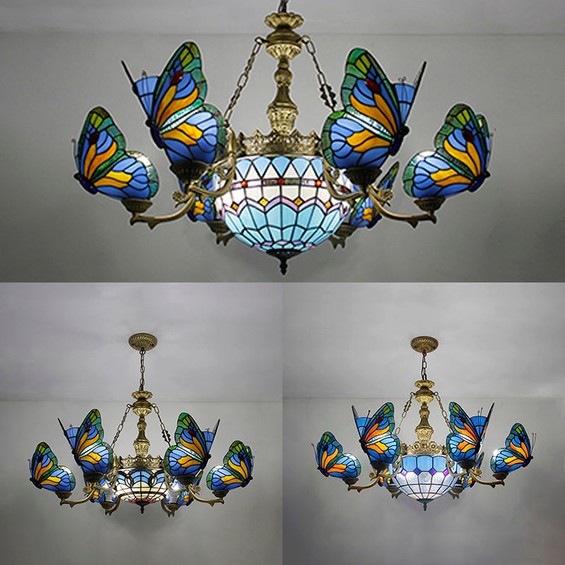 Stained Glass Butterfly/Baroque/Square Chandelier Light with Adjustable Chain Loft Pendant Lighting in Blue for Living Room Clearhalo 'Ceiling Lights' 'Chandeliers' Lighting' options 38527