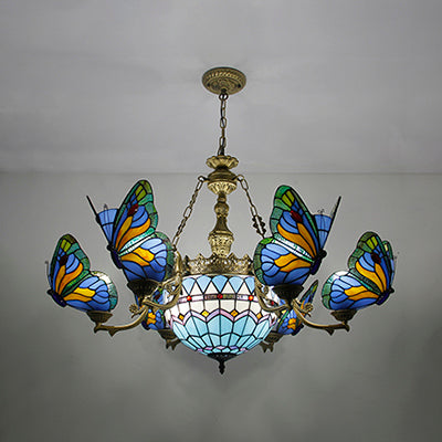 Stained Glass Butterfly/Baroque/Square Chandelier Light with Adjustable Chain Loft Pendant Lighting in Blue for Living Room Clearhalo 'Ceiling Lights' 'Chandeliers' Lighting' options 38528