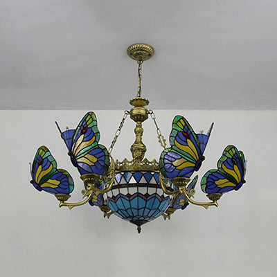 Stained Glass Butterfly/Baroque/Square Chandelier Light with Adjustable Chain Loft Pendant Lighting in Blue for Living Room Clearhalo 'Ceiling Lights' 'Chandeliers' Lighting' options 38529