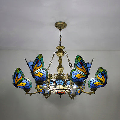Stained Glass Butterfly/Baroque/Square Chandelier Light with Adjustable Chain Loft Pendant Lighting in Blue for Living Room Clearhalo 'Ceiling Lights' 'Chandeliers' Lighting' options 38530