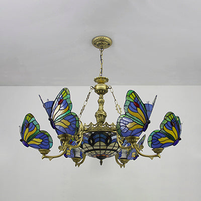 Stained Glass Butterfly/Baroque/Square Chandelier Light with Adjustable Chain Loft Pendant Lighting in Blue for Living Room Clearhalo 'Ceiling Lights' 'Chandeliers' Lighting' options 38531