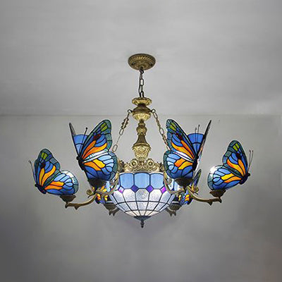 Stained Glass Butterfly/Baroque/Square Chandelier Light with Adjustable Chain Loft Pendant Lighting in Blue for Living Room Clearhalo 'Ceiling Lights' 'Chandeliers' Lighting' options 38532