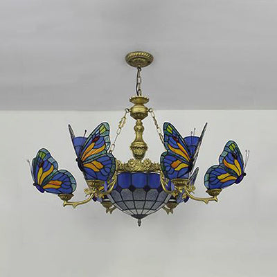 Stained Glass Butterfly/Baroque/Square Chandelier Light with Adjustable Chain Loft Pendant Lighting in Blue for Living Room Clearhalo 'Ceiling Lights' 'Chandeliers' Lighting' options 38533