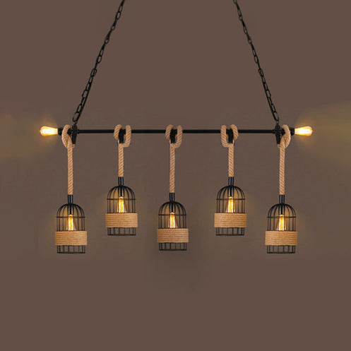 3/5 Bulbs Pendant Lighting with Birdcage and Natural Rope Loft Industrial Restaurant Ceiling Hanging Light in Black 5 Black Clearhalo 'Art Deco Pendants' 'Black' 'Cast Iron' 'Ceiling Lights' 'Ceramic' 'Crystal' 'Industrial Pendants' 'Industrial' 'Metal' 'Middle Century Pendants' 'Pendant Lights' 'Pendants' 'Rustic Pendants' 'Tiffany' Lighting' 38717