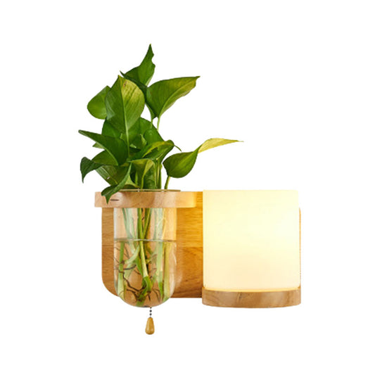 1 Bulb Wall Mounted Light Industrial Cylindrical Opal Glass LED Wall Lamp Sconce in Wood, Left/Right Clearhalo 'Industrial wall lights' 'Industrial' 'Middle century wall lights' 'Tiffany' 'Wall Lamps & Sconces' 'Wall Lights' Lighting' 390266