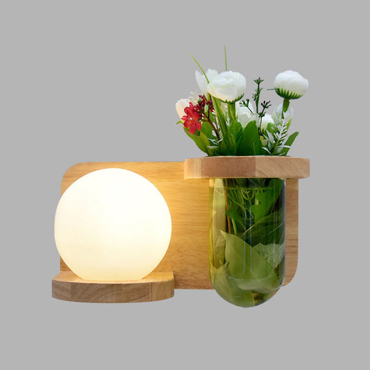 Milky Glass Orb Sconce Light Industrial 1 Head Bedroom LED Wall Lighting in Wood, Left/Right Clearhalo 'Industrial wall lights' 'Industrial' 'Middle century wall lights' 'Tiffany' 'Wall Lamps & Sconces' 'Wall Lights' Lighting' 390600