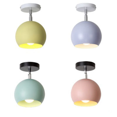 1 Light Metallic Semi-Flush Mount Light Macaron Blue/Pink Globe Shade Balcony Rotatable Ceiling Lamp Clearhalo 'Ceiling Lights' 'Close To Ceiling Lights' 'Close to ceiling' 'Semi-flushmount' Lighting' 39076