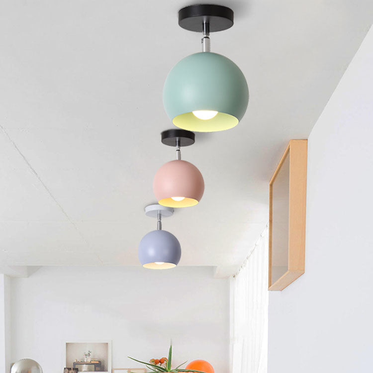 1 Light Metallic Semi-Flush Mount Light Macaron Blue/Pink Globe Shade Balcony Rotatable Ceiling Lamp Clearhalo 'Ceiling Lights' 'Close To Ceiling Lights' 'Close to ceiling' 'Semi-flushmount' Lighting' 39082