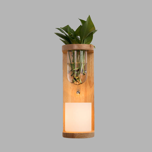 Cylinder Living Room Wall Light Industrial Opal Glass 1 Light Wood LED Sconce Lighting Fixture Clearhalo 'Industrial wall lights' 'Industrial' 'Middle century wall lights' 'Tiffany' 'Wall Lamps & Sconces' 'Wall Lights' Lighting' 390847