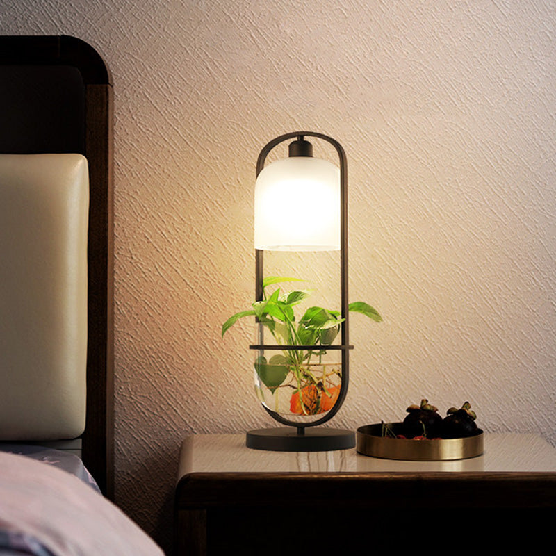 Black Oval Night Table Lamp Industrial Metal LED Living Room Nightstand Light with Plant Container Clearhalo 'Lamps' 'Table Lamps' Lighting' 391147