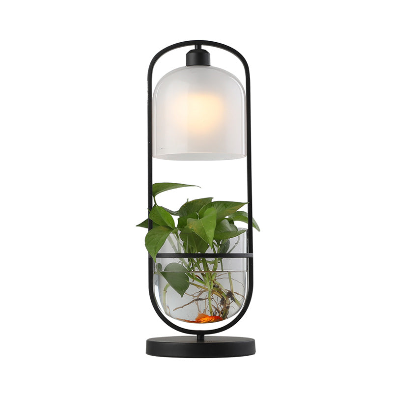 Black Oval Night Table Lamp Industrial Metal LED Living Room Nightstand Light with Plant Container Clearhalo 'Lamps' 'Table Lamps' Lighting' 391149