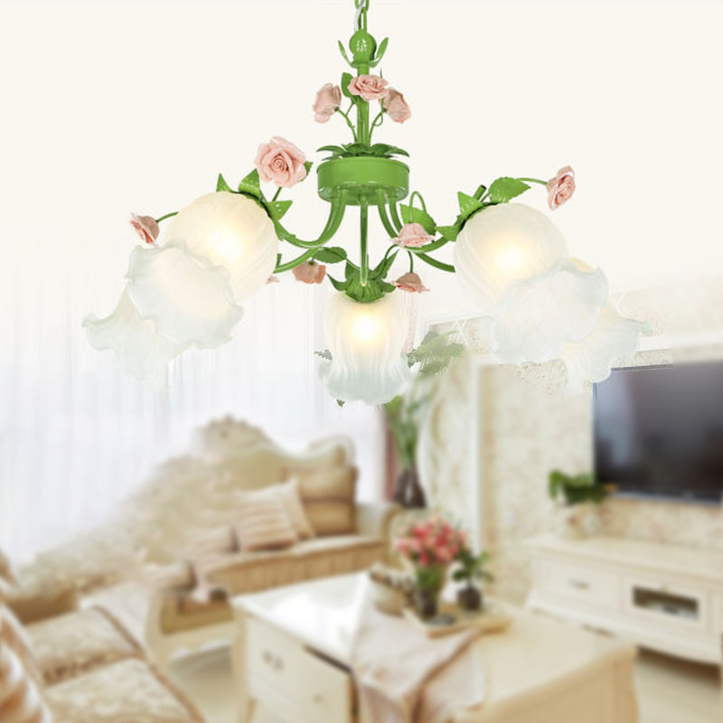 Pastoral Flower Hanging Pendant 3/5 Heads White Glass Chandelier Lighting Fixture in Green for Living Room 5 Green Clearhalo 'Ceiling Lights' 'Chandeliers' 'Glass shade' 'Glass' Lighting' 391198