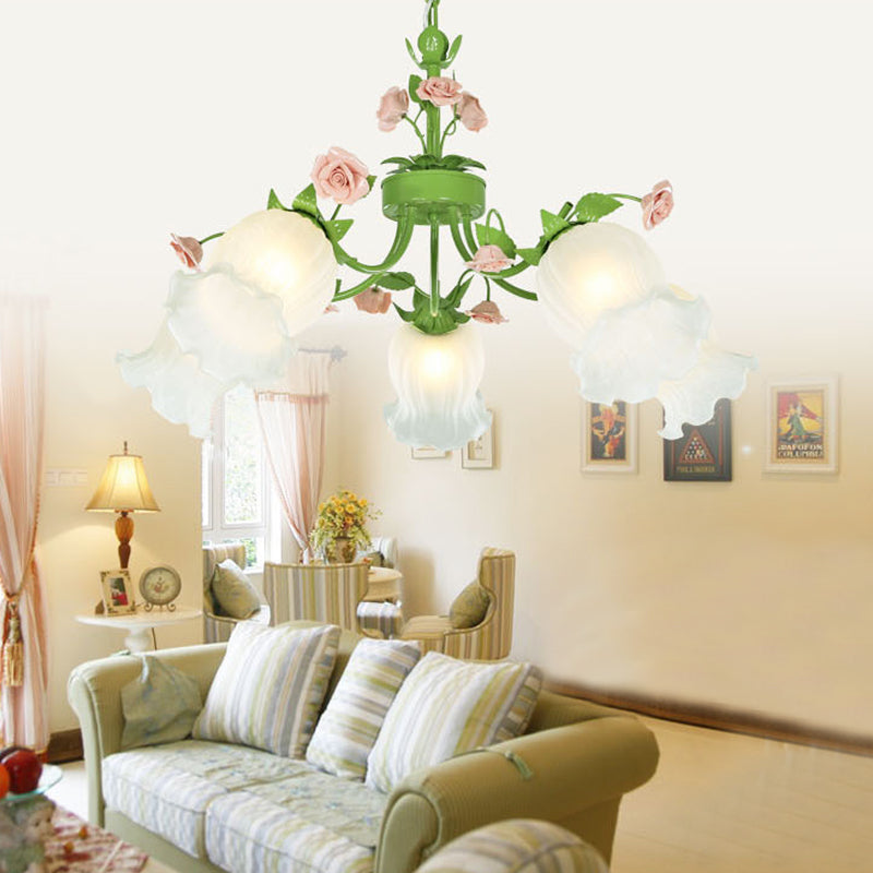 Pastoral Flower Hanging Pendant 3/5 Heads White Glass Chandelier Lighting Fixture in Green for Living Room Clearhalo 'Ceiling Lights' 'Chandeliers' 'Glass shade' 'Glass' Lighting' 391199