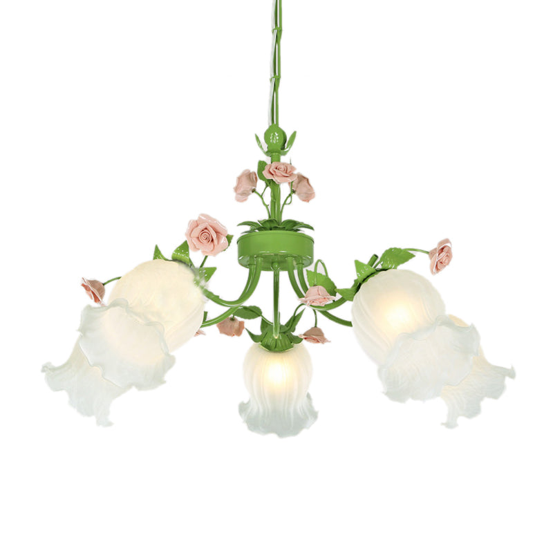 Pastoral Flower Hanging Pendant 3/5 Heads White Glass Chandelier Lighting Fixture in Green for Living Room Clearhalo 'Ceiling Lights' 'Chandeliers' 'Glass shade' 'Glass' Lighting' 391200
