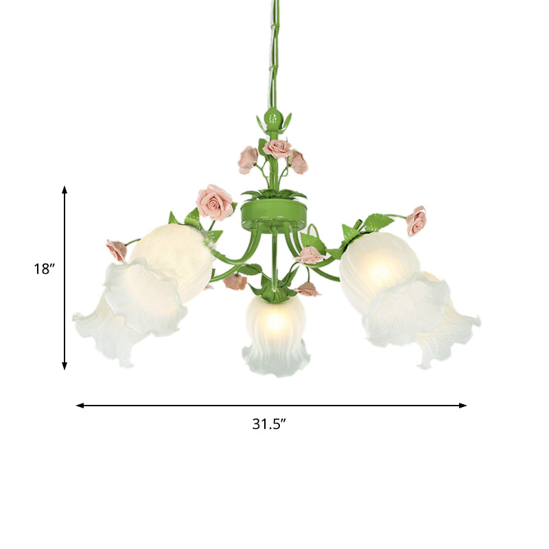 Pastoral Flower Hanging Pendant 3/5 Heads White Glass Chandelier Lighting Fixture in Green for Living Room Clearhalo 'Ceiling Lights' 'Chandeliers' 'Glass shade' 'Glass' Lighting' 391201