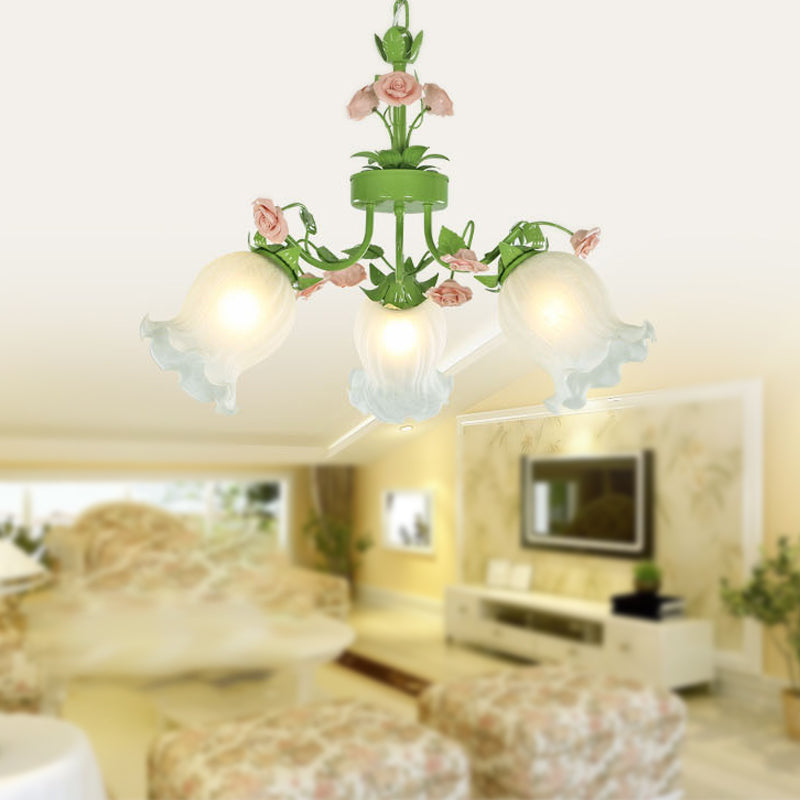 Pastoral Flower Hanging Pendant 3/5 Heads White Glass Chandelier Lighting Fixture in Green for Living Room 3 Green Clearhalo 'Ceiling Lights' 'Chandeliers' 'Glass shade' 'Glass' Lighting' 391202