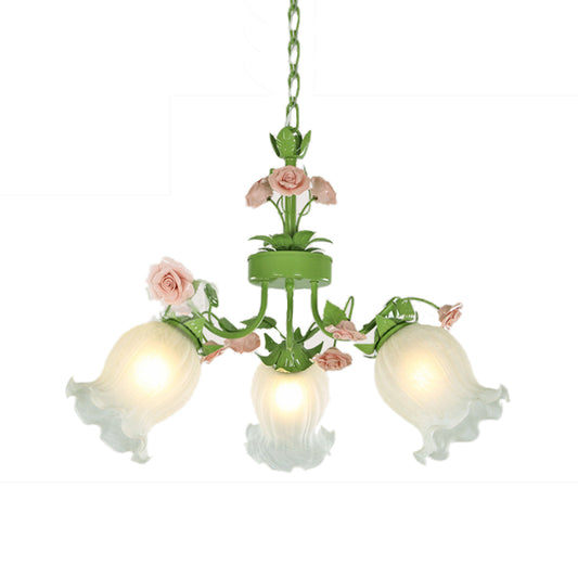 Pastoral Flower Hanging Pendant 3/5 Heads White Glass Chandelier Lighting Fixture in Green for Living Room Clearhalo 'Ceiling Lights' 'Chandeliers' 'Glass shade' 'Glass' Lighting' 391203