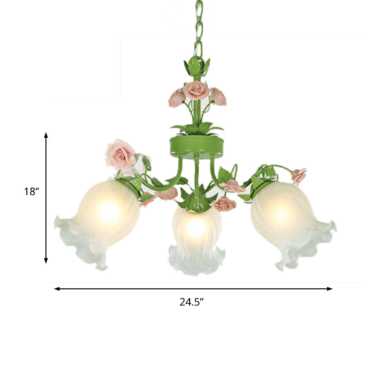 Pastoral Flower Hanging Pendant 3/5 Heads White Glass Chandelier Lighting Fixture in Green for Living Room Clearhalo 'Ceiling Lights' 'Chandeliers' 'Glass shade' 'Glass' Lighting' 391204