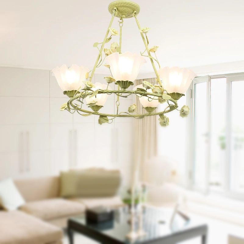 Green 5 Heads Chandelier Lighting Korean Flower Frosted Glass Circle Pendant Ceiling Light for Living Room Clearhalo 'Ceiling Lights' 'Chandeliers' 'Glass shade' 'Glass' Lighting' 391206