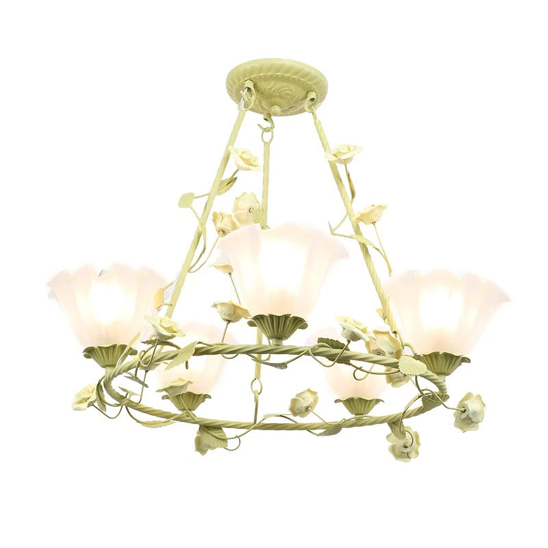 Green 5 Heads Chandelier Lighting Korean Flower Frosted Glass Circle Pendant Ceiling Light for Living Room Clearhalo 'Ceiling Lights' 'Chandeliers' 'Glass shade' 'Glass' Lighting' 391208