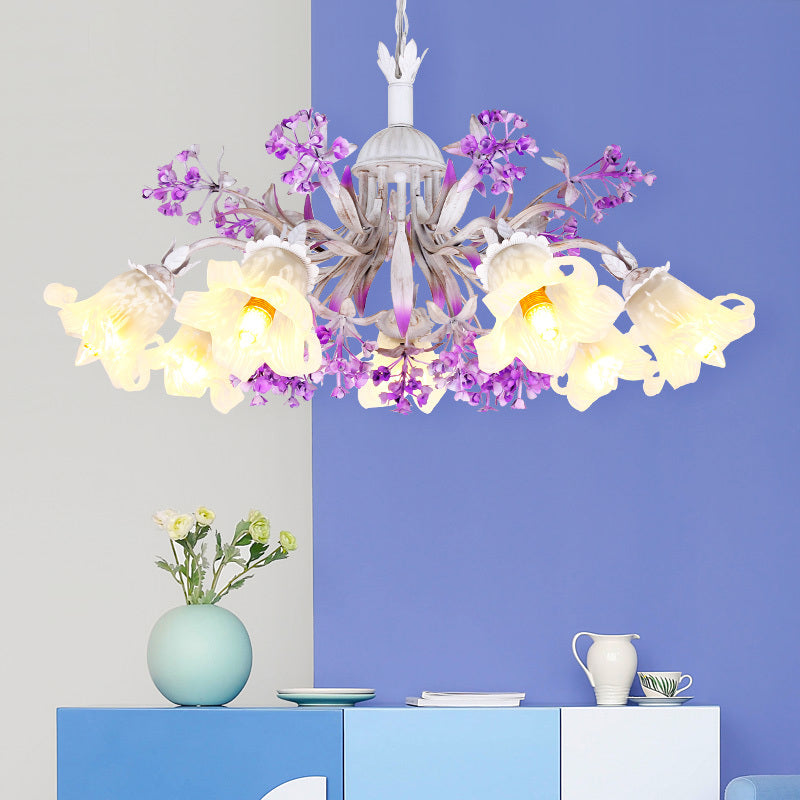 Ivory Flower Hanging Chandelier Pastoral White Glass 3/5/7 Lights Living Room LED Ceiling Pendant Clearhalo 'Ceiling Lights' 'Chandeliers' 'Glass shade' 'Glass' Lighting' 391211