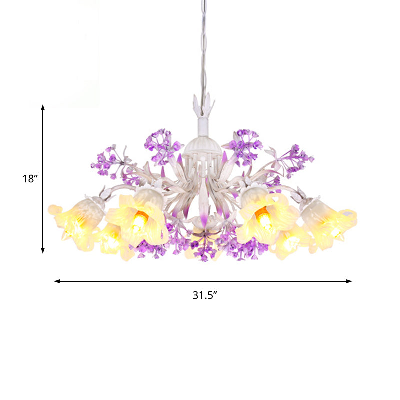 Ivory Flower Hanging Chandelier Pastoral White Glass 3/5/7 Lights Living Room LED Ceiling Pendant Clearhalo 'Ceiling Lights' 'Chandeliers' 'Glass shade' 'Glass' Lighting' 391214