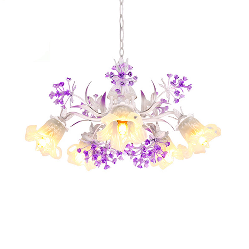 Ivory Flower Hanging Chandelier Pastoral White Glass 3/5/7 Lights Living Room LED Ceiling Pendant Clearhalo 'Ceiling Lights' 'Chandeliers' 'Glass shade' 'Glass' Lighting' 391216