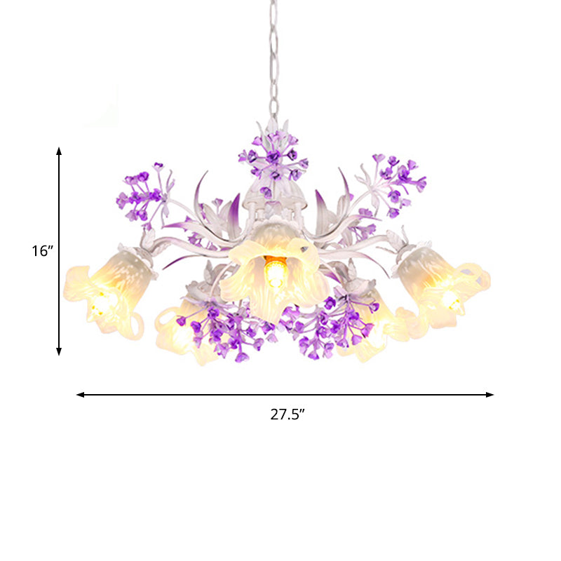 Ivory Flower Hanging Chandelier Pastoral White Glass 3/5/7 Lights Living Room LED Ceiling Pendant Clearhalo 'Ceiling Lights' 'Chandeliers' 'Glass shade' 'Glass' Lighting' 391217