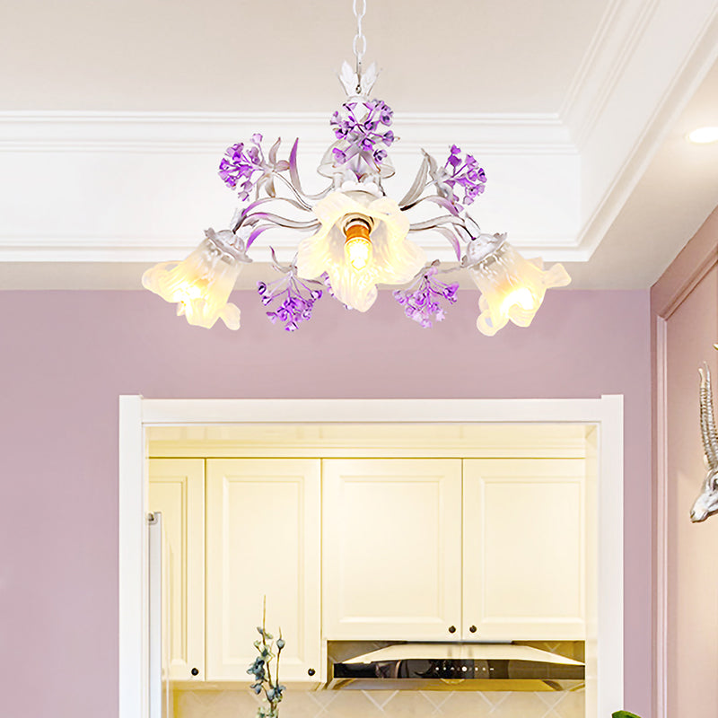 Ivory Flower Hanging Chandelier Pastoral White Glass 3/5/7 Lights Living Room LED Ceiling Pendant 3 Ivory Clearhalo 'Ceiling Lights' 'Chandeliers' 'Glass shade' 'Glass' Lighting' 391218