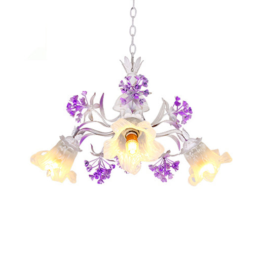 Ivory Flower Hanging Chandelier Pastoral White Glass 3/5/7 Lights Living Room LED Ceiling Pendant Clearhalo 'Ceiling Lights' 'Chandeliers' 'Glass shade' 'Glass' Lighting' 391219