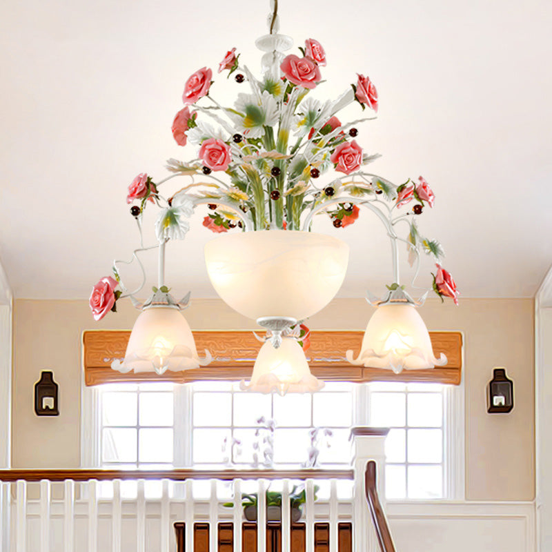 5-Head Ceiling Chandelier Countryside Flower Milk Glass Suspension Lamp for Stair White Clearhalo 'Ceiling Lights' 'Chandeliers' 'Glass shade' 'Glass' Lighting' 391226