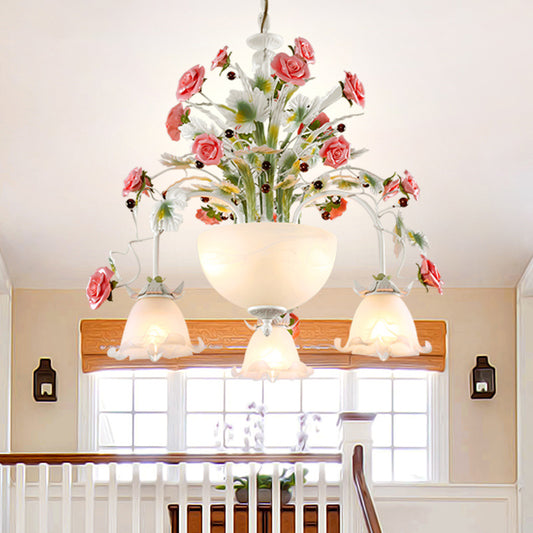 5-Head Ceiling Chandelier Countryside Flower Milk Glass Suspension Lamp for Stair White Clearhalo 'Ceiling Lights' 'Chandeliers' 'Glass shade' 'Glass' Lighting' 391226