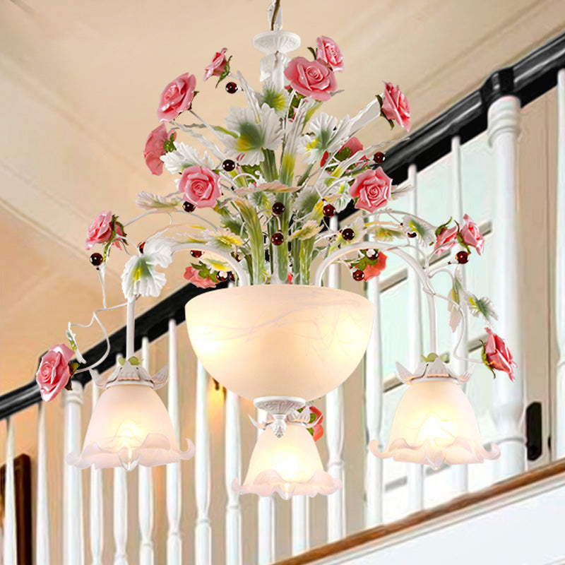 5-Head Ceiling Chandelier Countryside Flower Milk Glass Suspension Lamp for Stair Clearhalo 'Ceiling Lights' 'Chandeliers' 'Glass shade' 'Glass' Lighting' 391227