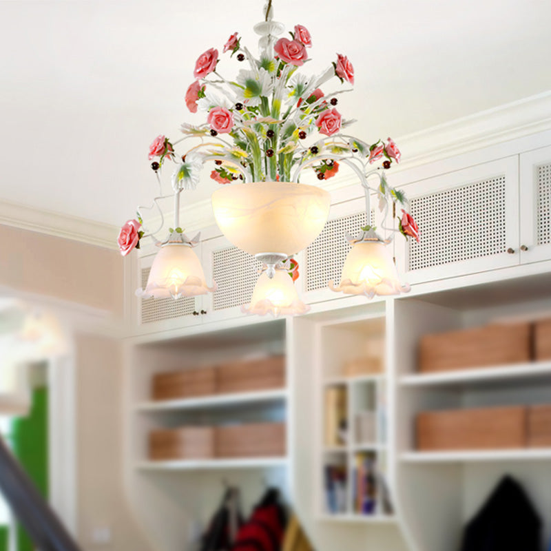 5-Head Ceiling Chandelier Countryside Flower Milk Glass Suspension Lamp for Stair Clearhalo 'Ceiling Lights' 'Chandeliers' 'Glass shade' 'Glass' Lighting' 391228