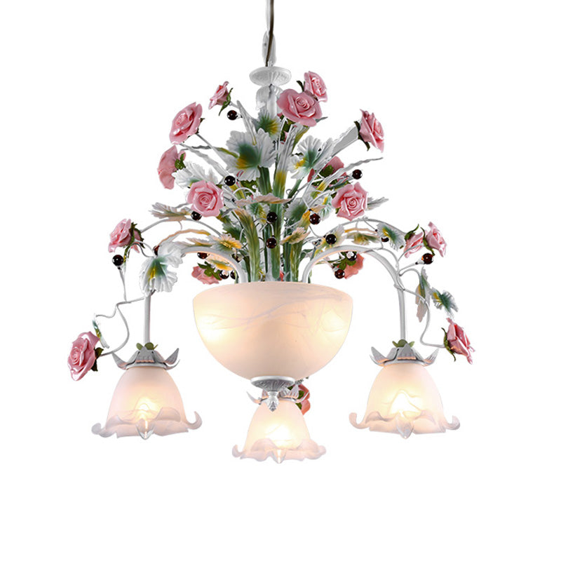 5-Head Ceiling Chandelier Countryside Flower Milk Glass Suspension Lamp for Stair Clearhalo 'Ceiling Lights' 'Chandeliers' 'Glass shade' 'Glass' Lighting' 391229