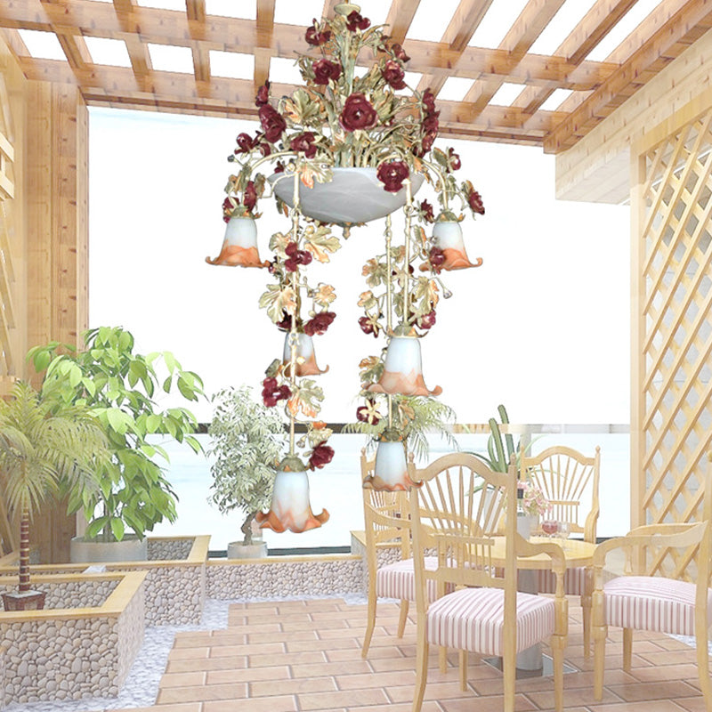 Blossom White Glass Chandelier Lighting Pastoral 10 Bulbs Bedroom LED Suspension Lamp in Pink/Red Red Clearhalo 'Ceiling Lights' 'Chandeliers' 'Close To Ceiling Lights' 'Glass shade' 'Glass' Lighting' 391231