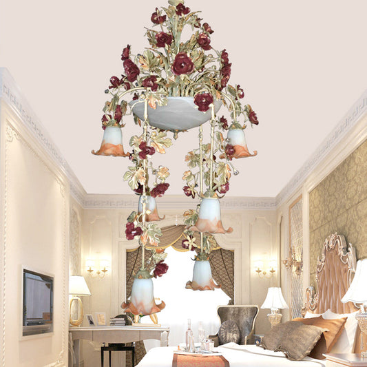 Blossom White Glass Chandelier Lighting Pastoral 10 Bulbs Bedroom LED Suspension Lamp in Pink/Red Clearhalo 'Ceiling Lights' 'Chandeliers' 'Close To Ceiling Lights' 'Glass shade' 'Glass' Lighting' 391232