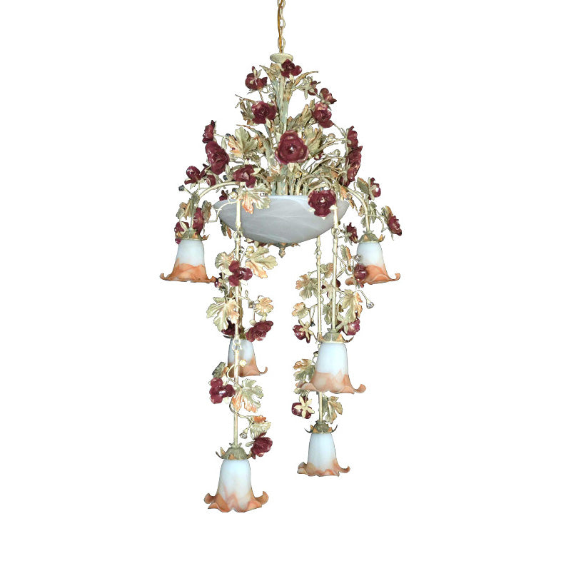 Blossom White Glass Chandelier Lighting Pastoral 10 Bulbs Bedroom LED Suspension Lamp in Pink/Red Clearhalo 'Ceiling Lights' 'Chandeliers' 'Close To Ceiling Lights' 'Glass shade' 'Glass' Lighting' 391233