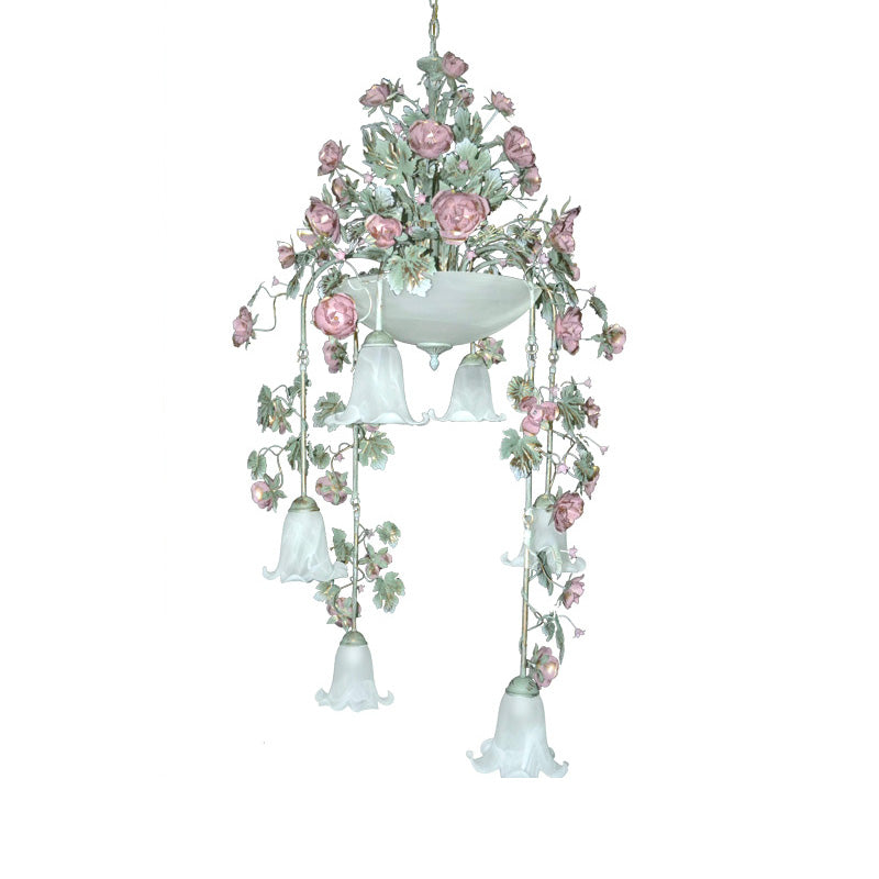 Blossom White Glass Chandelier Lighting Pastoral 10 Bulbs Bedroom LED Suspension Lamp in Pink/Red Clearhalo 'Ceiling Lights' 'Chandeliers' 'Close To Ceiling Lights' 'Glass shade' 'Glass' Lighting' 391237