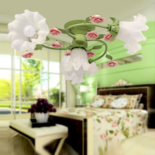 Milk Glass Scalloped Ceiling Lighting Pastoral Style 4 Heads Bedroom Semi Flush Mount Light Fixture in Green Green Clearhalo 'Ceiling Lights' 'Close To Ceiling Lights' 'Close to ceiling' 'Glass shade' 'Glass' 'Semi-flushmount' Lighting' 391243