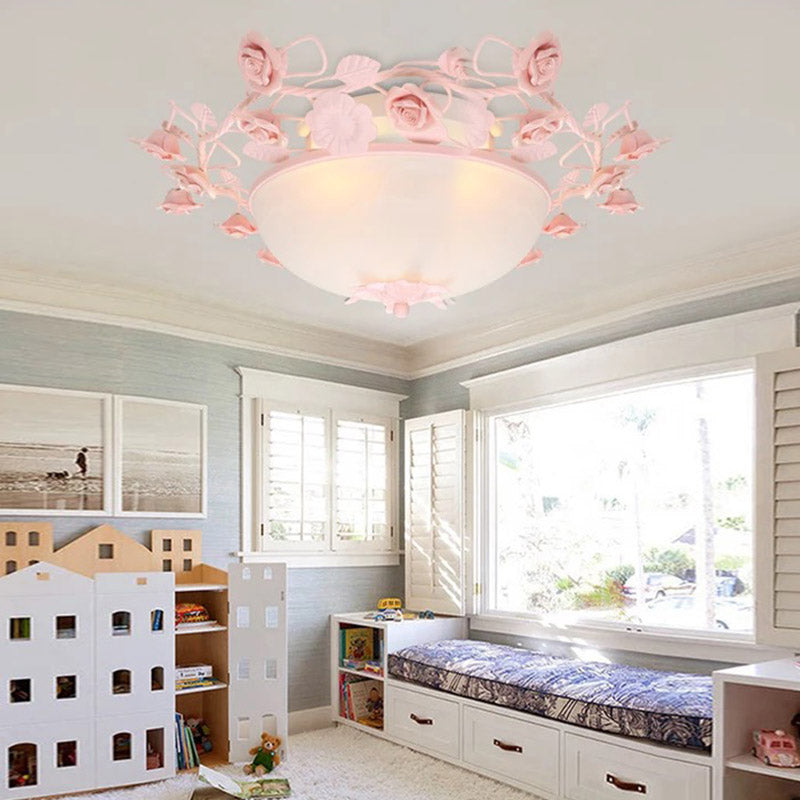 Pastoral Bowl Ceiling Light Fixture 3/4 Bulbs Opal Glass LED Flush Mount Lighting in White/Pink for Living Room Pink Clearhalo 'Ceiling Lights' 'Close To Ceiling Lights' 'Close to ceiling' 'Flush mount' Lighting' 391248