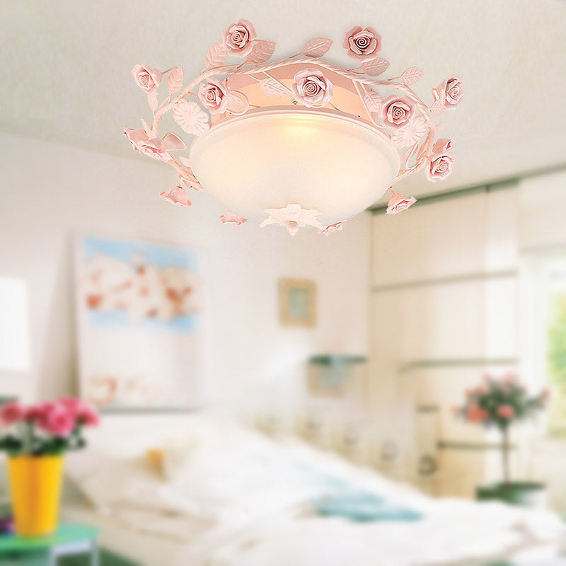 Pastoral Bowl Ceiling Light Fixture 3/4 Bulbs Opal Glass LED Flush Mount Lighting in White/Pink for Living Room Clearhalo 'Ceiling Lights' 'Close To Ceiling Lights' 'Close to ceiling' 'Flush mount' Lighting' 391249