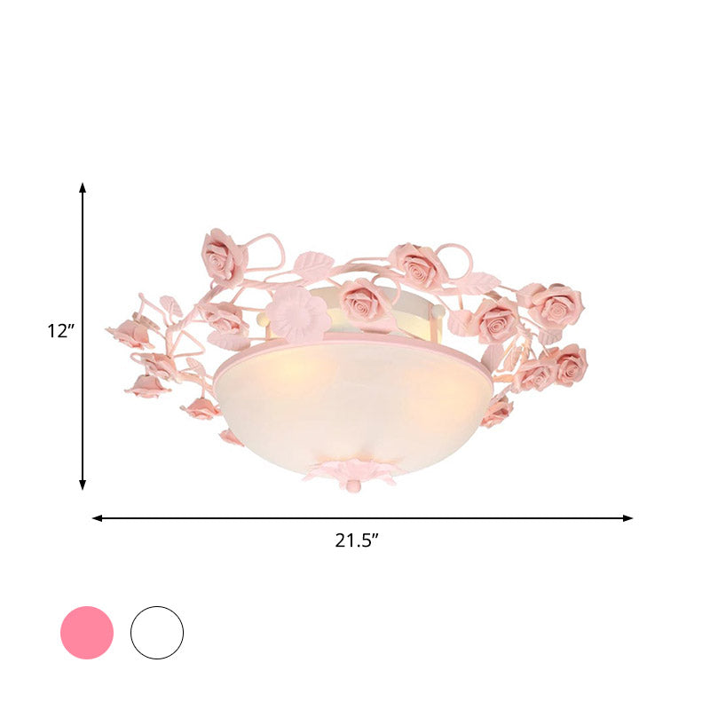 Pastoral Bowl Ceiling Light Fixture 3/4 Bulbs Opal Glass LED Flush Mount Lighting in White/Pink for Living Room Clearhalo 'Ceiling Lights' 'Close To Ceiling Lights' 'Close to ceiling' 'Flush mount' Lighting' 391252