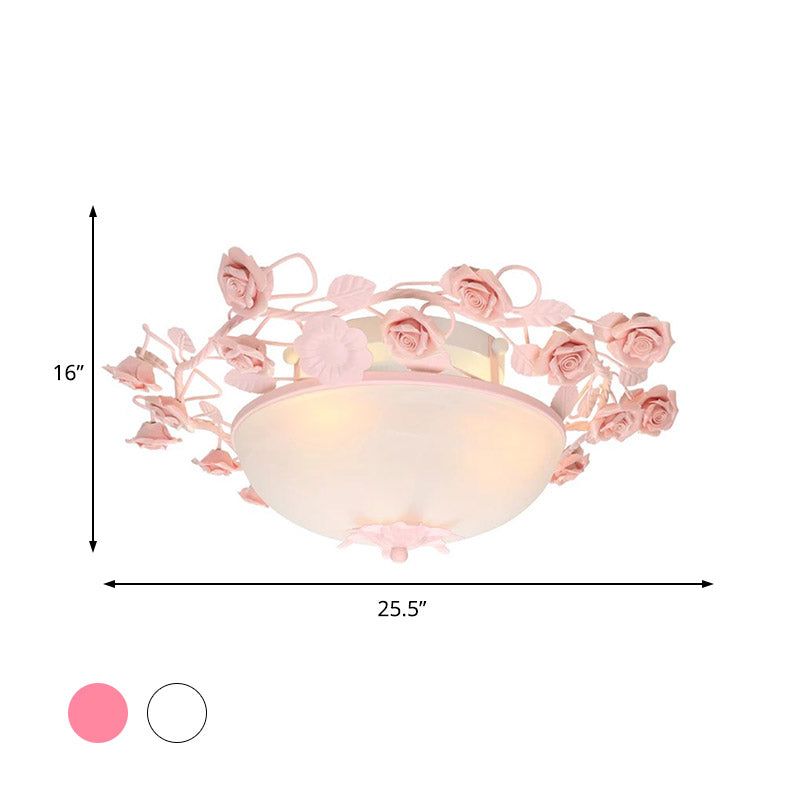 Pastoral Bowl Ceiling Light Fixture 3/4 Bulbs Opal Glass LED Flush Mount Lighting in White/Pink for Living Room Clearhalo 'Ceiling Lights' 'Close To Ceiling Lights' 'Close to ceiling' 'Flush mount' Lighting' 391253