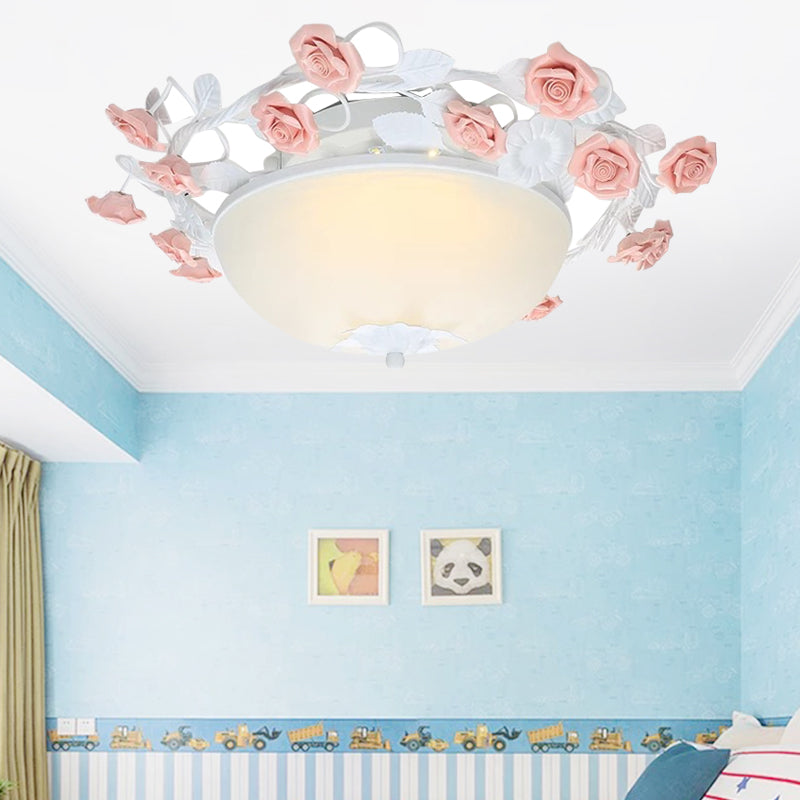 Pastoral Bowl Ceiling Light Fixture 3/4 Bulbs Opal Glass LED Flush Mount Lighting in White/Pink for Living Room White Clearhalo 'Ceiling Lights' 'Close To Ceiling Lights' 'Close to ceiling' 'Flush mount' Lighting' 391254