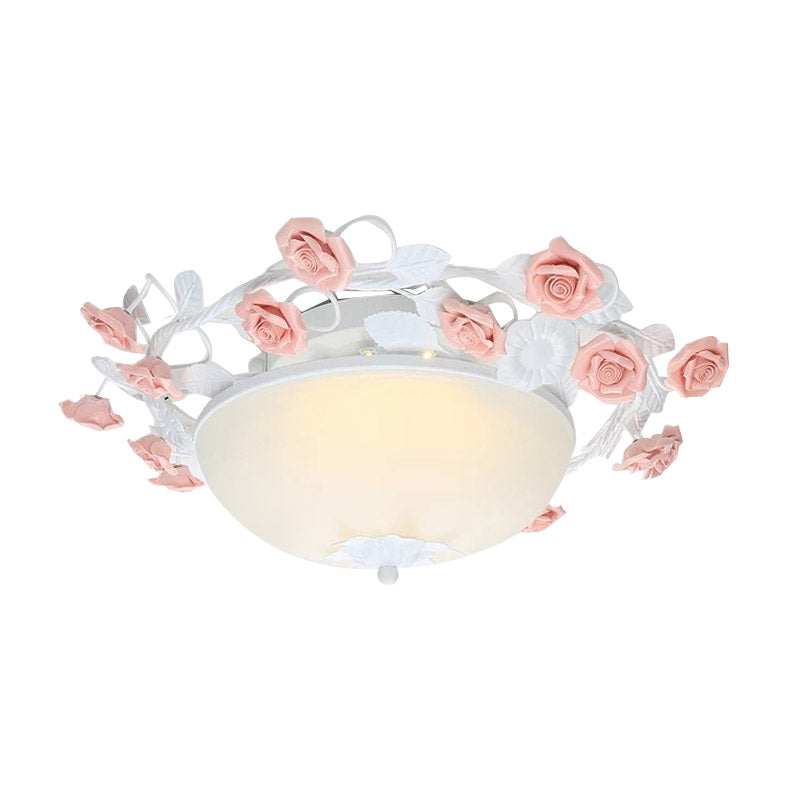 Pastoral Bowl Ceiling Light Fixture 3/4 Bulbs Opal Glass LED Flush Mount Lighting in White/Pink for Living Room Clearhalo 'Ceiling Lights' 'Close To Ceiling Lights' 'Close to ceiling' 'Flush mount' Lighting' 391255